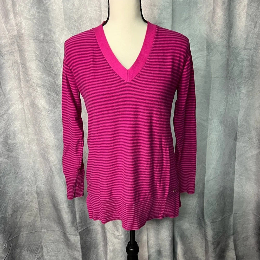 Tommy Hilfiger Fuchsia and Purple Stripe Long Sleeved V-neck Sweater - Small